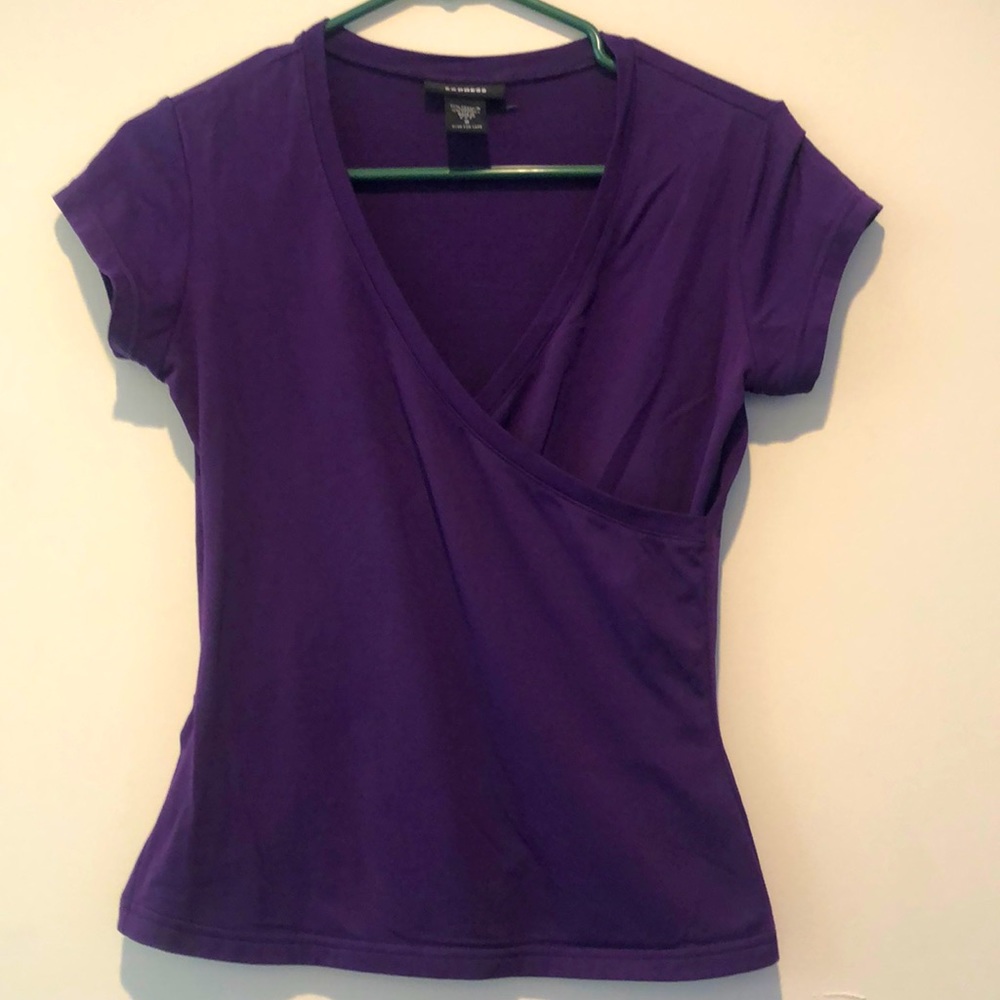Express purple shirt.  Cross over bodice, short sleeve. Size S.